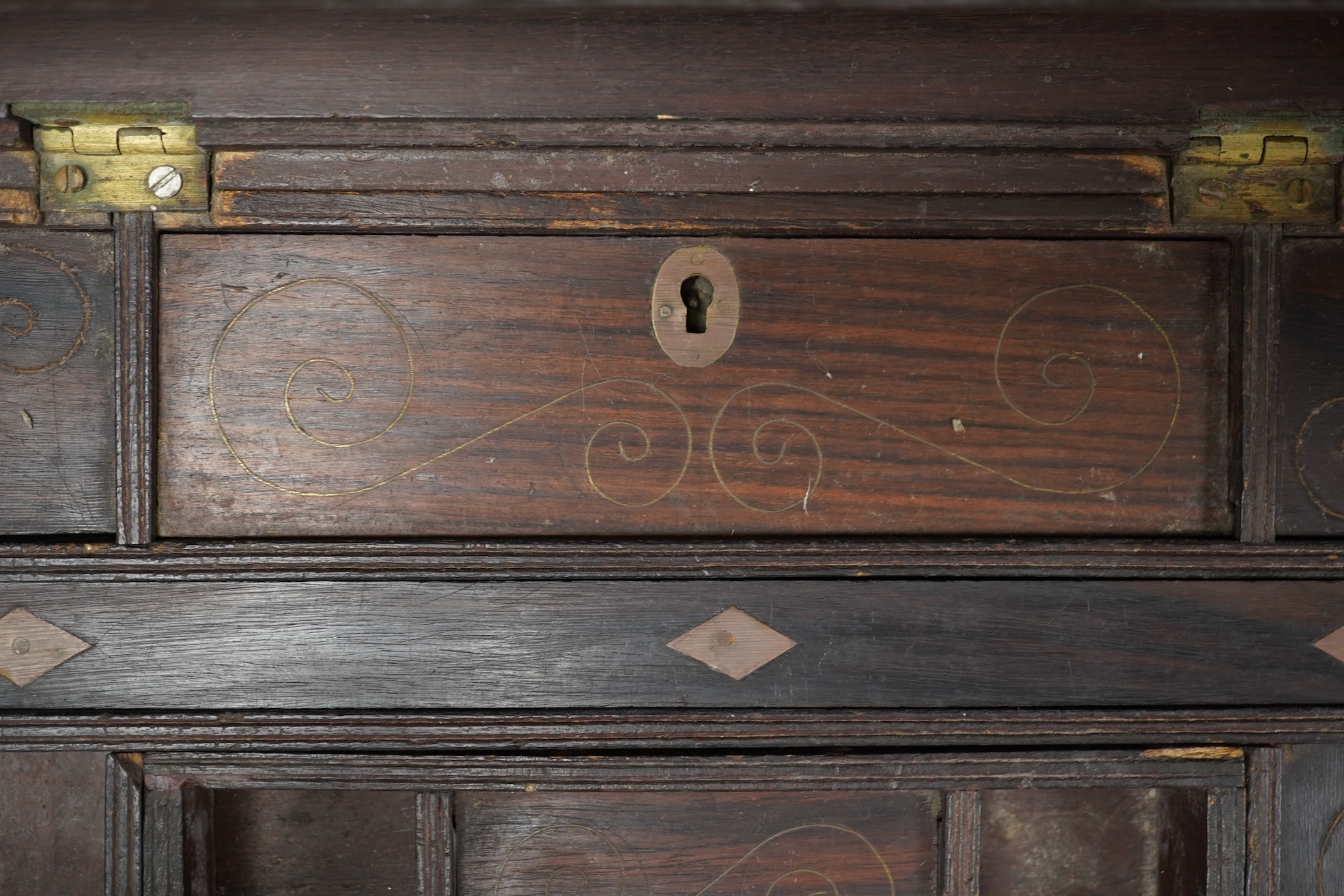 A 19th century brass inlay rosewood writing box an mahogany writing box, 42cm wide x 18cm high
